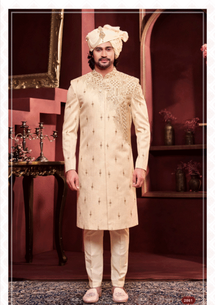 Elegant golden sherwani with intricate embroidery for men, ideal for wedding and festive occasions from ShubhVivah Showroom