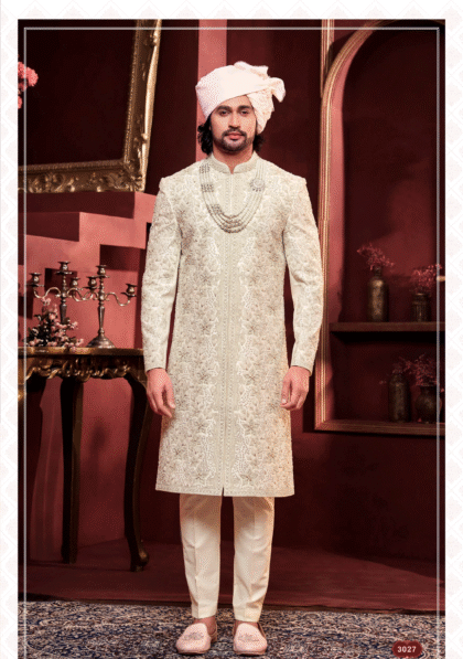 Elegant cream sherwani with intricate embroidery for men, ideal for wedding and festive occasions from ShubhVivah Showroom