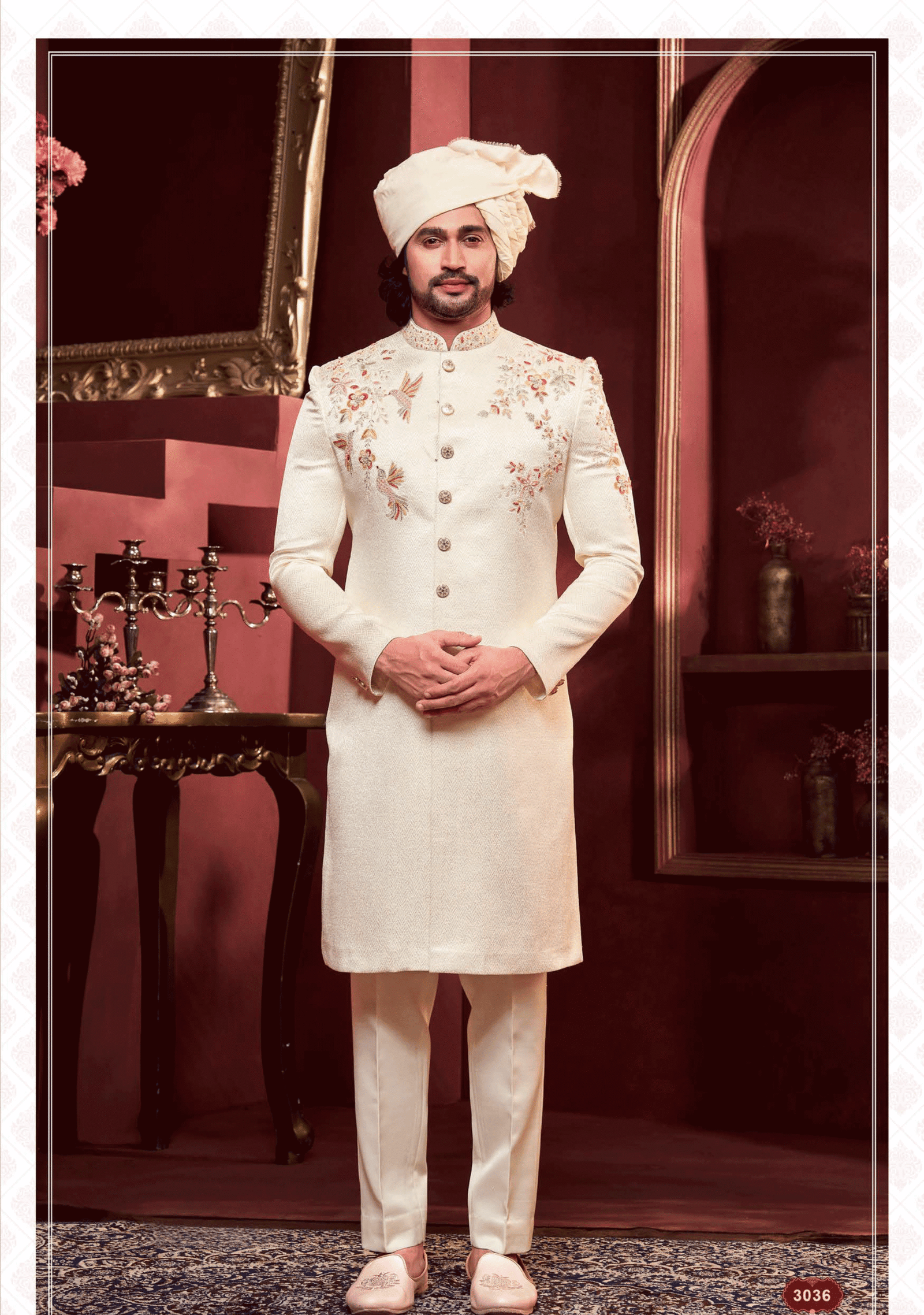 Elegant off white sherwani with intricate thread work for men, ideal for wedding and festive occasions from ShubhVivah Showroom