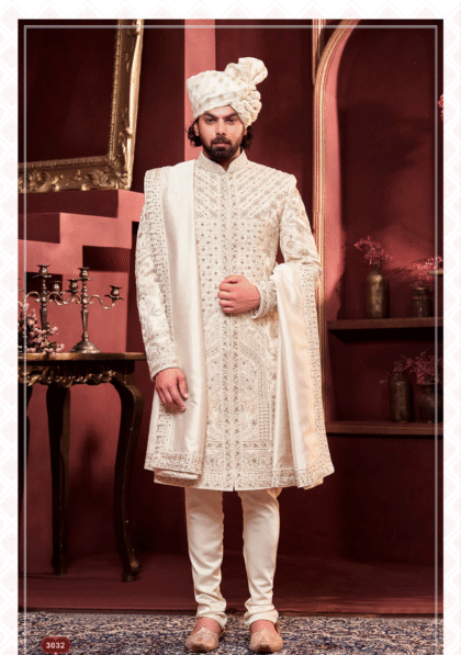 Elegant white sherwani with dupatta and intricate embroidery for men, perfect for wedding and festive occasions from ShubhVivah Showroom