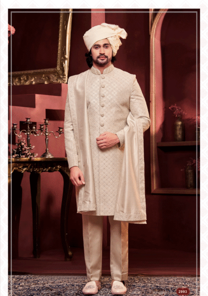 Menβs golden white sherwani with dupatta, ideal for wedding and festive occasions from ShubhVivah Showroom