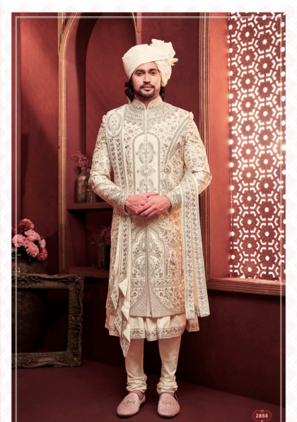 Elegant cream sherwani with intricate embroidery for men, ideal for wedding and festive occasions from ShubhVivah Showroom