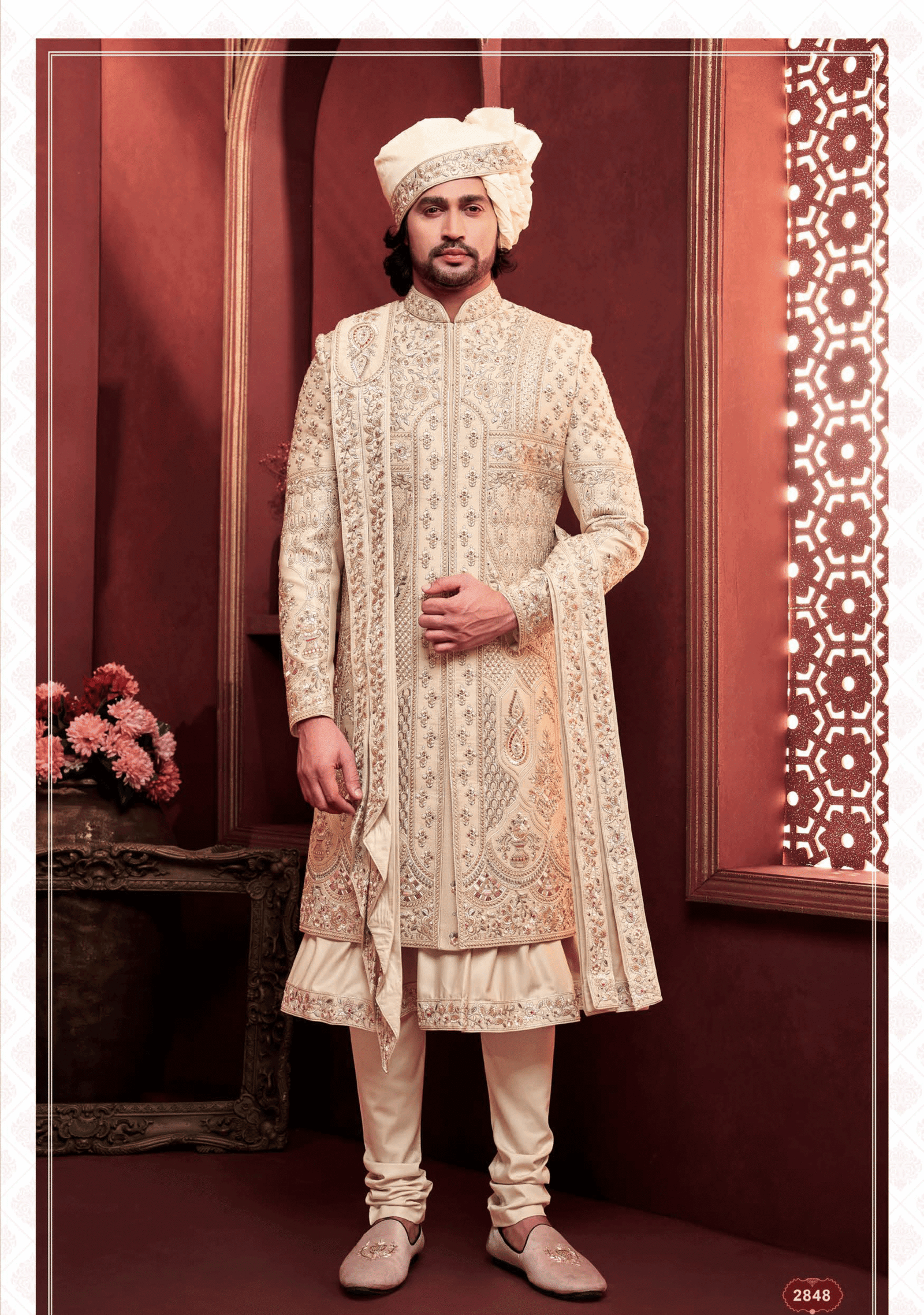 Men’s cream sherwani with dupatta and heavy embroidery, ideal for wedding and festive occasions from ShubhVivah Showroom