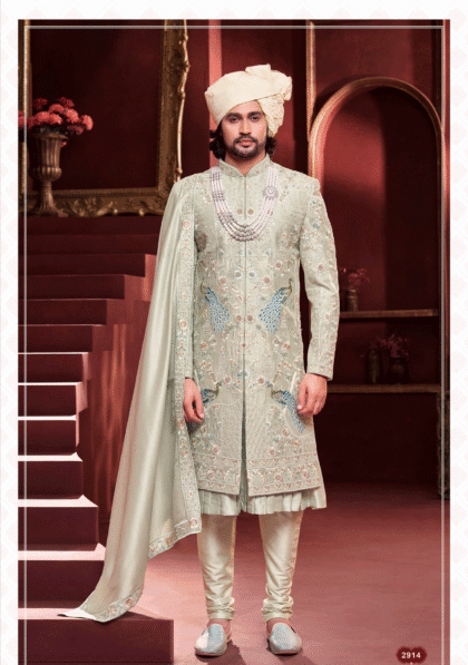 Pista Green Heavy Embroidered Royal Wedding Sherwani