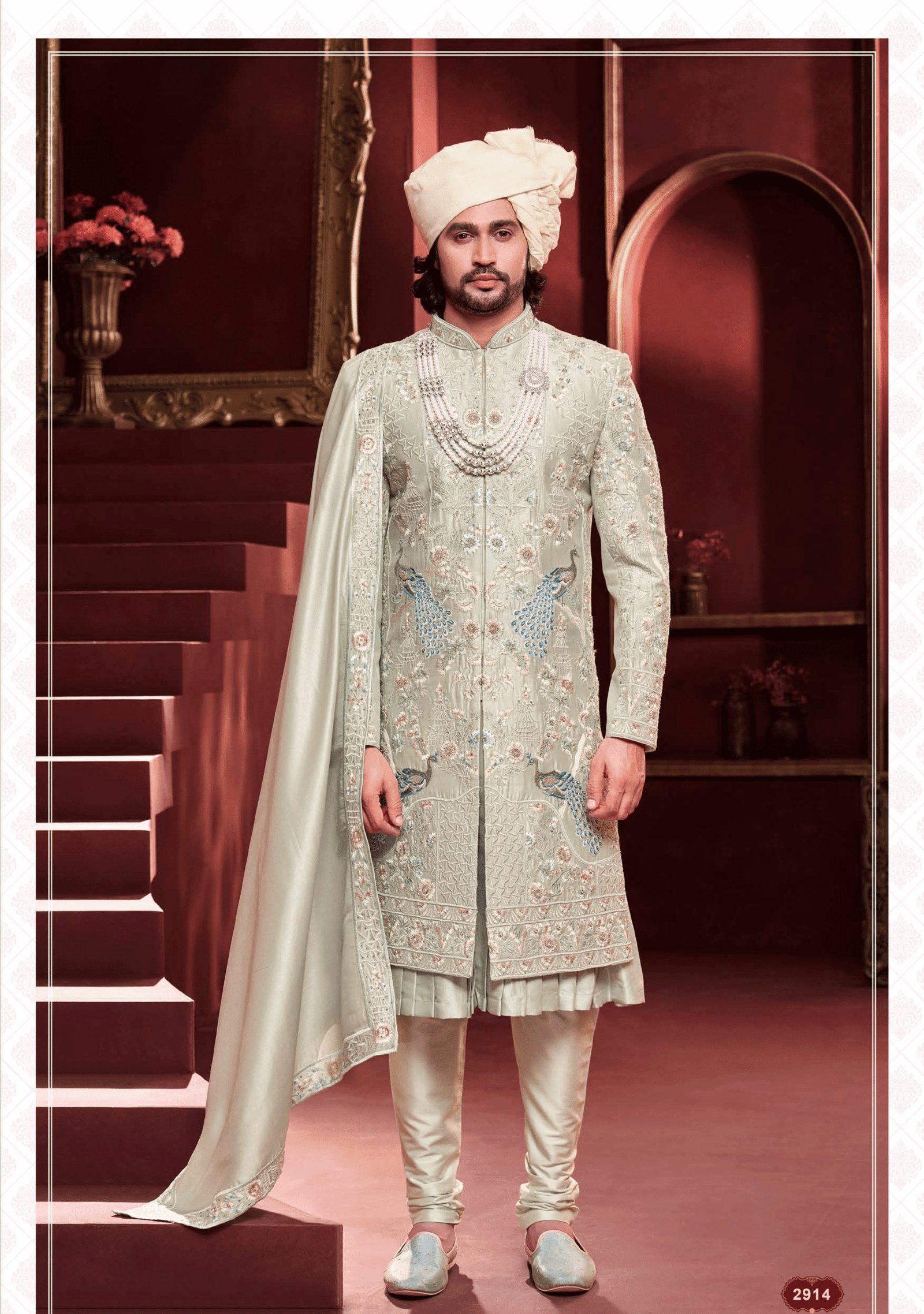 Pista Green Heavy Embroidered Royal Wedding Sherwani