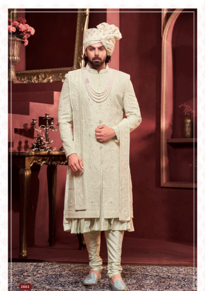 Elegant cream sherwani with dupatta and intricate embroidery for royal wedding celebrations from ShubhVivah Showroom