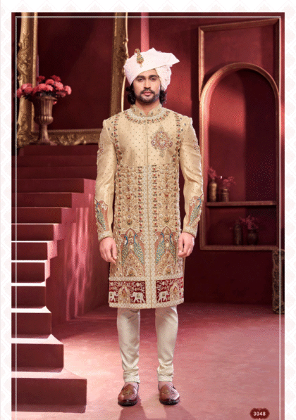 Menβs golden sherwani with heavy embroidery, perfect for wedding and festive occasions from ShubhVivah Showroom