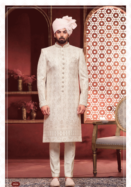 Elegant white sherwani with intricate embroidery for men, perfect for wedding and festive occasions from ShubhVivah Showroom