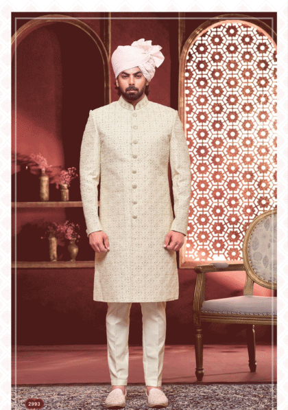 Elegant white sherwani with intricate embroidery for men, perfect for wedding and festive occasions from ShubhVivah Showroom