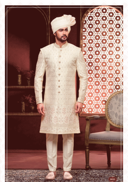 Elegant cream sherwani with intricate embroidery for men, perfect for wedding and festive occasions from ShubhVivah Showroom
