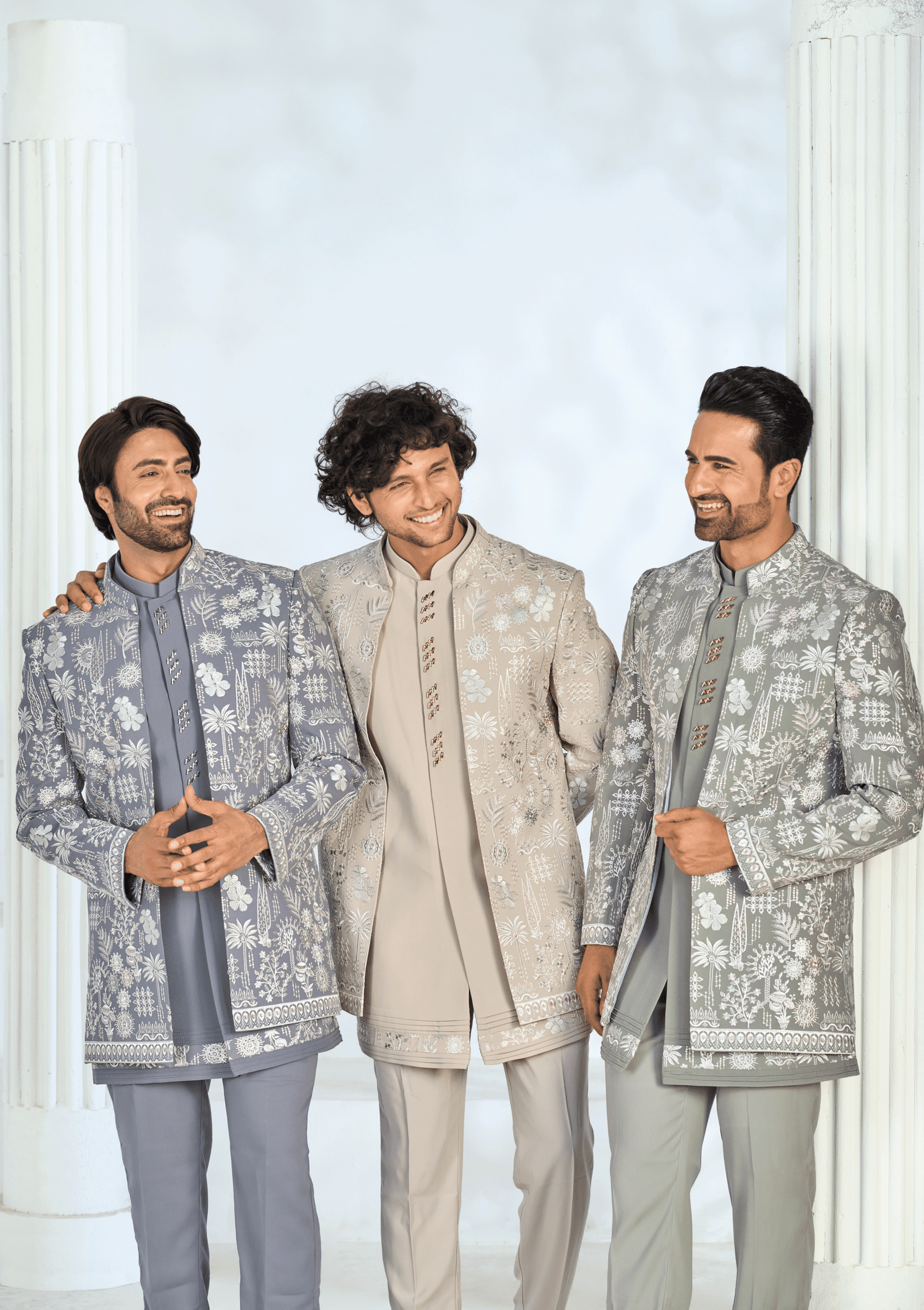 grey,cream and green indo western with thread work perfect for wedding and fesivals from shubhvivah showroom